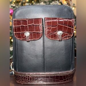 Brighton One World Black Leather Brown Croc Embossed Trim Silv Accent Crossbody